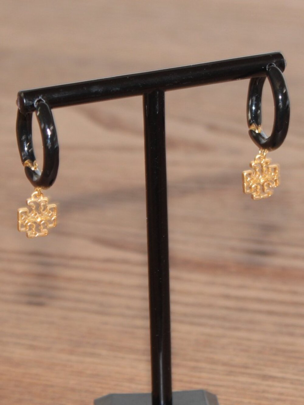 Tory Burch Black Hoop Logo Charm Earrings NWT